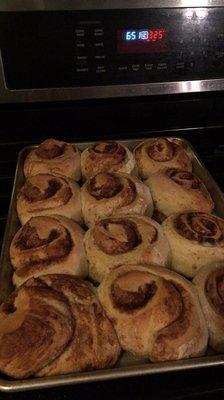 The homemade cinnamon rolls served on the weekends covered with homemade vanilla frosting