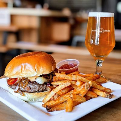 Animal Craft Burger with Culture Fries and a Beer