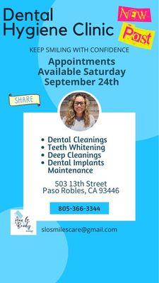 Dental Hygiene Clinic Opens Saturday Sept 17th, 2022