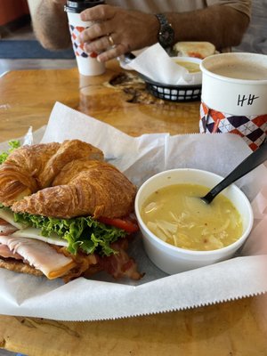 Club croissant with creamy chicken noodle soup. Both delicious!