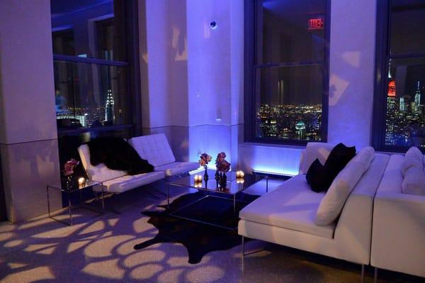 Top of the Rock event: created lounge areas w/Taylor Creat furniture,  accessories from Restoration Hardware, flowers by Spina