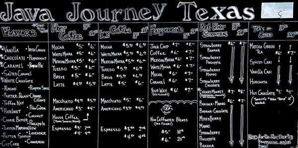 Our menu! All flavors on the far left hand side can be made into Hot coffee, Ice coffee, Frappuccino, or kids frap!