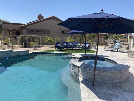 Navy blue patio furniture and umbrellas!