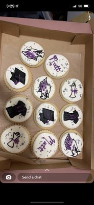 Personalized UW Whitewater graduation cookies. Snickerdoodle and scalloped edge sugar cookie with buttercream graduation decorations