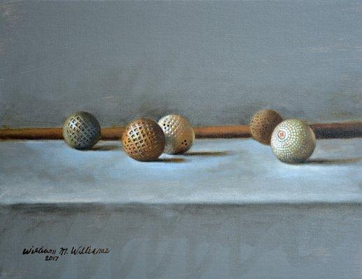 "Early Golf Balls", oil on board, by Bill Williams