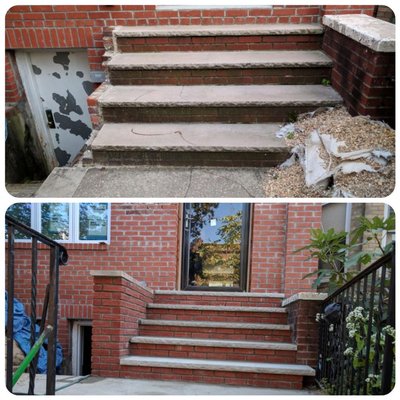 Before and after shot of brick steps.