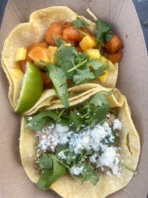 Pollo Sofrito and Camarones con mango habanero: 2 tacos for $10 from the TFK food truck (current as of May '22)