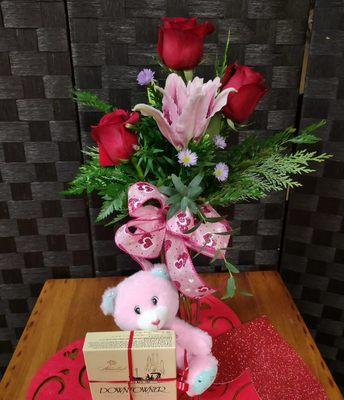 Lily & Rose vase includes Abdallah chocolates and a lovable little bear