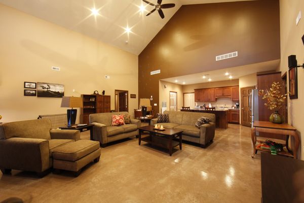 Great Room Remodel with stained and sealed concrete floor.