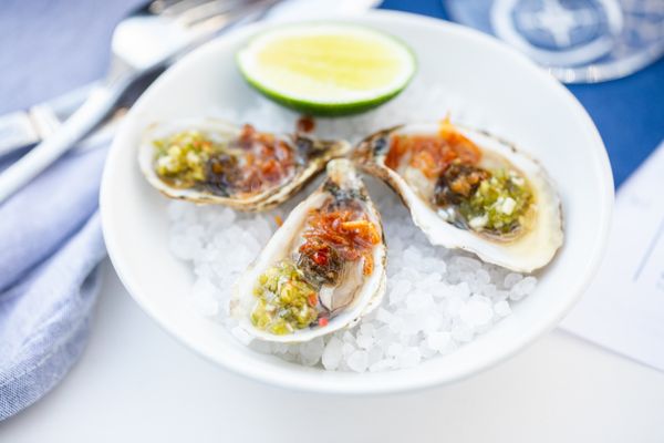 Fresh East Coast Oysters Thai Set-Up - Nam Jim Thai salsa verde, chili jam, fried shallots, lime