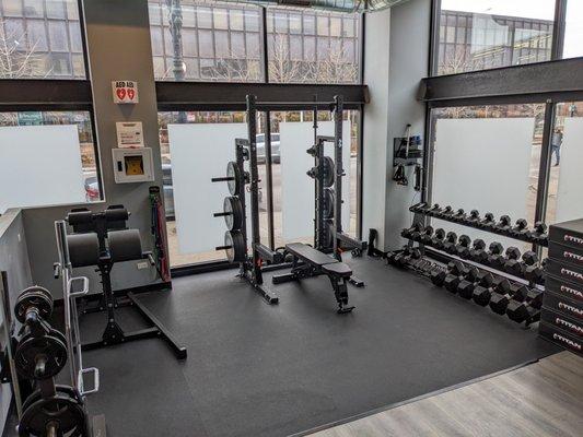 Our shared warm-up area is equipped like the strength training stations, but with a few more bells and whistles.