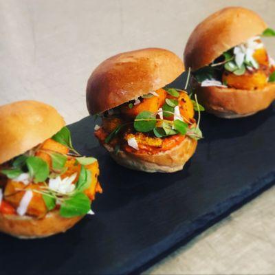 butternut sliders with goat gouda, romesco and greens