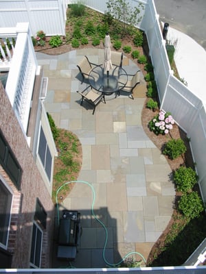 Curving bluestone patio and hydrangeas!