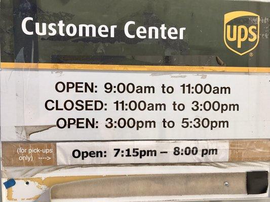 These hours are Monday-Friday only.  The 7:15pm-8pm timeframe is only to pick up packages that were already arranged for in advance.