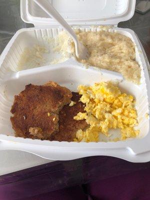 Salmon cakes scramble eggs and grits the worst ever