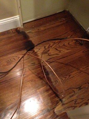 Floor under fridge was NOT refinished at all, as promised by Mr. Aliperti. Instead they slopped varnish and bet that we wouldn't look