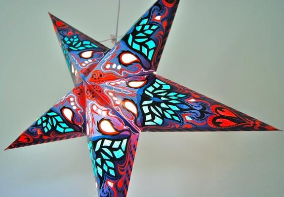 Hanging paper star lanterns.