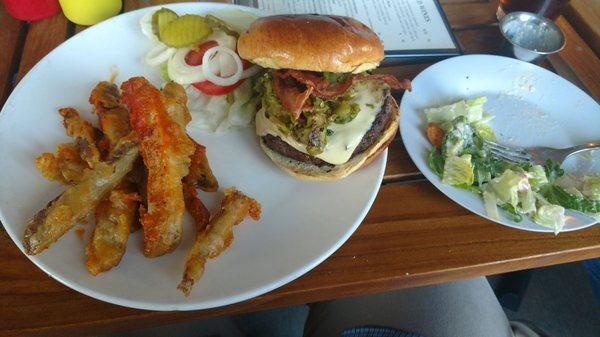 New Mexico Burger with very large fries and Cesar salad