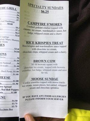 Sundae menu