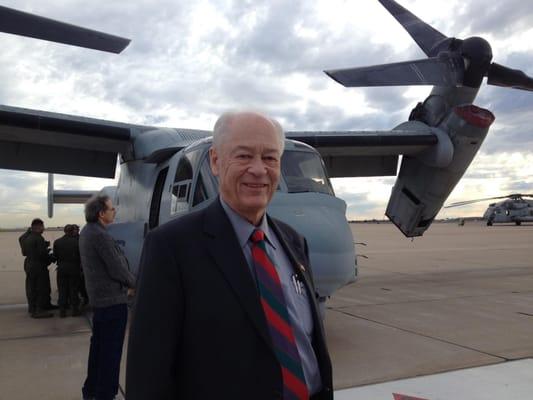 Larry standing in front of an Osprey at Miramar Marine Corps Base (MCAS).