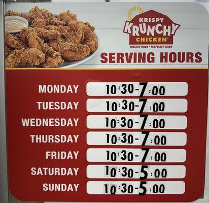 Our operating hours for Krispy Krunchy chicken, we stop cooking an hour before we close.