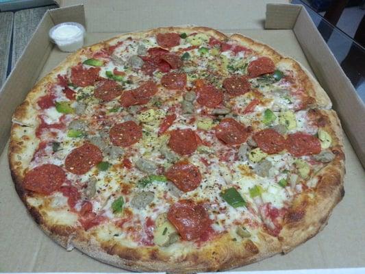 almost an 18" supreme pie for $9.99 on Tuesdays.  (pick any supreme or two topping pie)