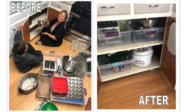 Deep kitchen cabinets get organized by pulling everything out first, then putting like items together in bins that serve as drawers.