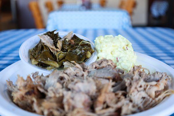 Pulled BBQ Platter w/2sides 
Potato Salad & Collard Greens