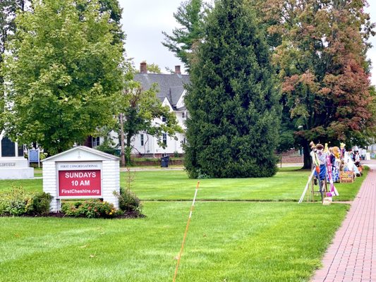 Signage & Town green in front of the church with Halloween decorations - oct 2021