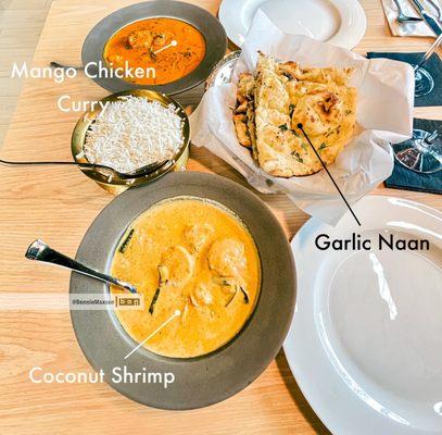 Mango Chicken Curry: You can taste the mango. Amazing! Coconut Shrimp: Creamy and delicious. Garlic Naan: One order = 4 pieces.