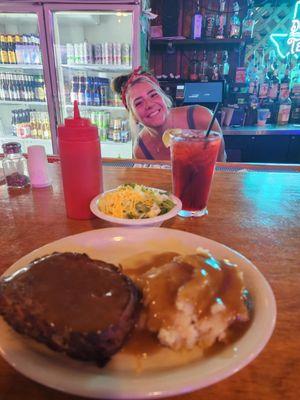 The Hideaway  meatloaf is Thursdays special. Real mashed potatoes. Ashley always has a smile.