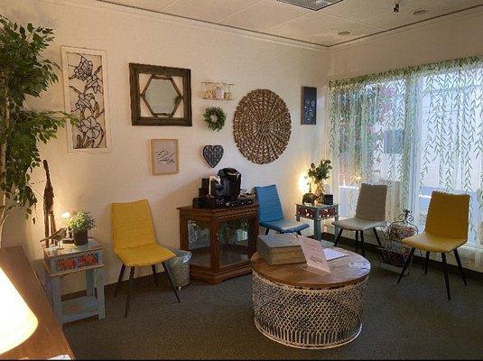 Reception area with water, coffee, tea, and cocoa