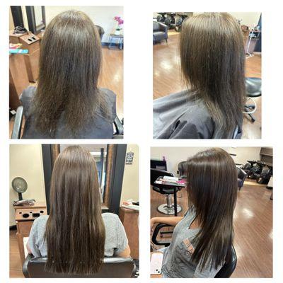 Before and after iTip Extensions by Katie installed with no heat! The blend is amazing!! #longhairdontcare