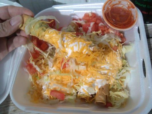 5 rolled tacos supreme. Lettuce, tomato, cheese, sour cream and guacamole. Just $3.99