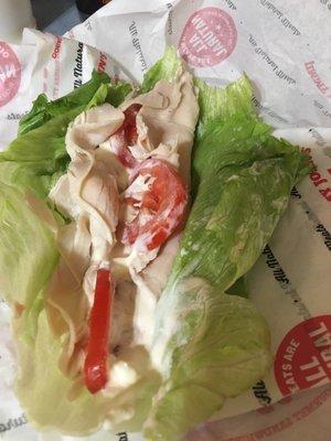 This, apparently, is a lettuce wrapped number for no mayo. Seriously no sprouts no cheese no lettuce and an obscene amount of mayo. Horrible