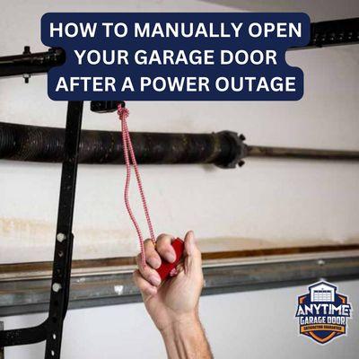 Manual release involves pulling the emergency release cord away from the door. Once your power goes back on, call us to restart your garage.