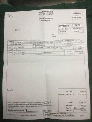 Tow/storage bill