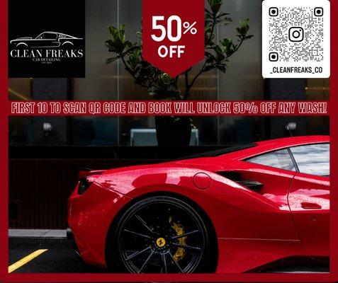 50% off for the first 10 to book scan QR code