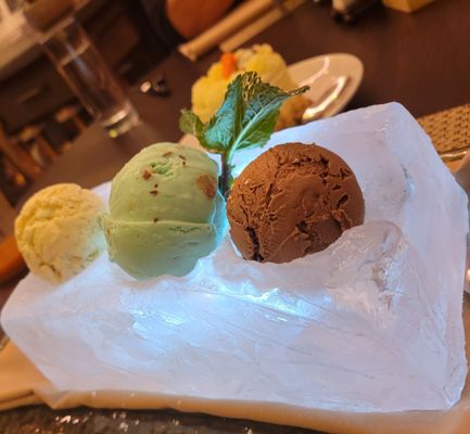 Vanilla, pistachio, and chocolate ice cream