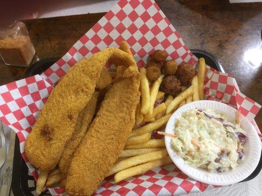 Giant slabs of succulent catfish, french fries, fried okra (side), and coleslaw.