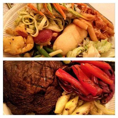 Top: pastas, bread, potatoes/veggies, salad from buffet. Bottom: special vegan plate of grilled mushroom and assorted veggies.