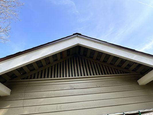 Rodent-proofed gable vent screened (painted to match) from exterior. Not accessible from interior due to ductwork. Not seen from ground.