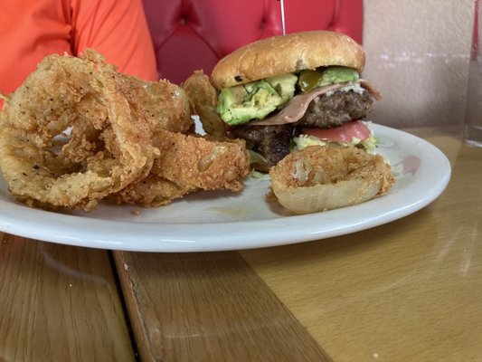 Mexican burger with onion rings