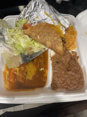 3 enchiladas, rice , beans and taco with 2 flour tortillas!!!! under 14$ !!!