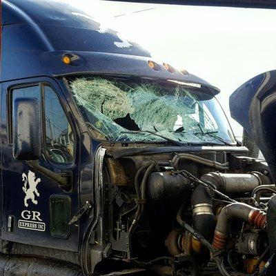 Completely smashed Kenworth windshield that BJ and Kevin replaced recently.