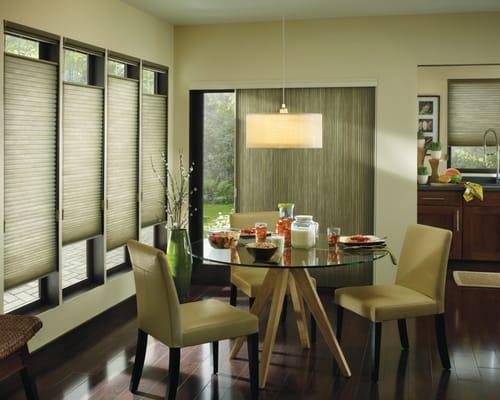 Hunter Douglas Top-Down/Bottom-Up Architella Honeycomb Shades with a Vertiglide for the sliding door