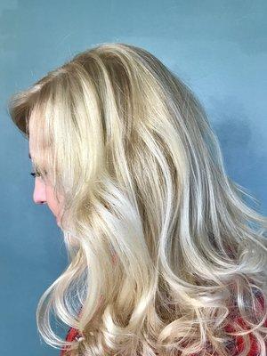 Full Highlights and finished with a champagne glaze and long layer haircut.