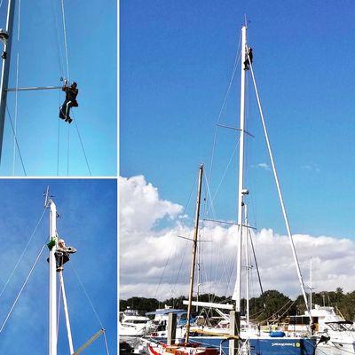 New spare halyard sheave box installation, rig inspection and mast tune on a Bavaria 51.