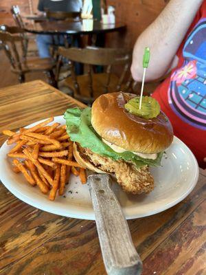 Hot chicken sandwich with sweet potato fries