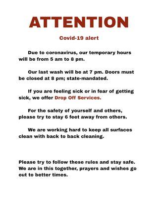 Covid-19 temporary hours! We are doing all we can to stay open for you and keep everything clean! Please keep your distance and be safe!